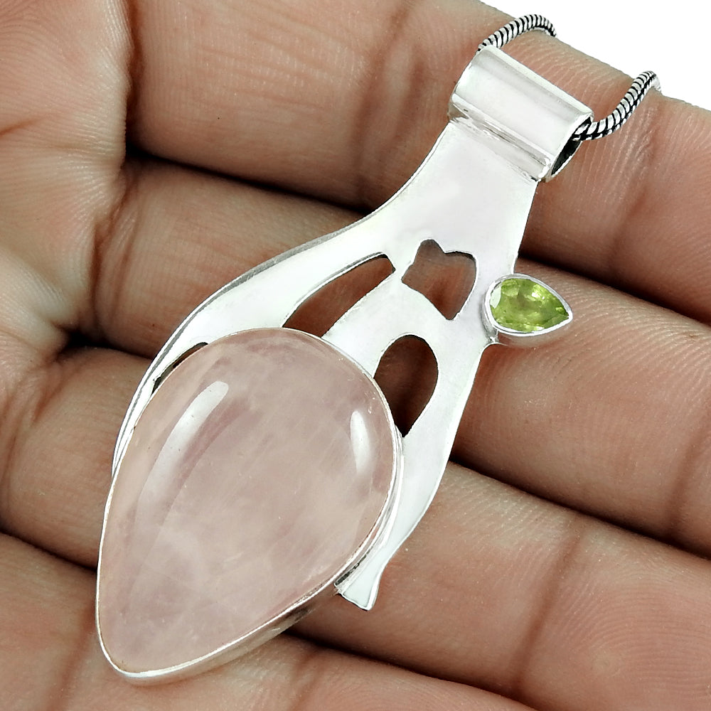 Natural Rose Quartz Gemstone Pendant 925 Sterling Silver Christmas Gift O10