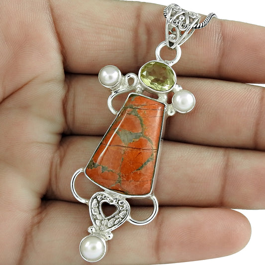 Natural Jasper Gemstone Christmas Gift Pendant Bohemian 925 Sterling Silver P10