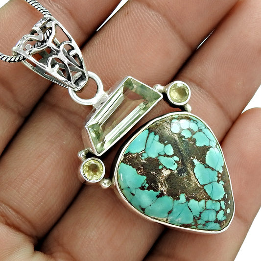 Christmas Gift 925 Sterling Silver Natural Turquoise Gemstone Pendant Vintage Q2