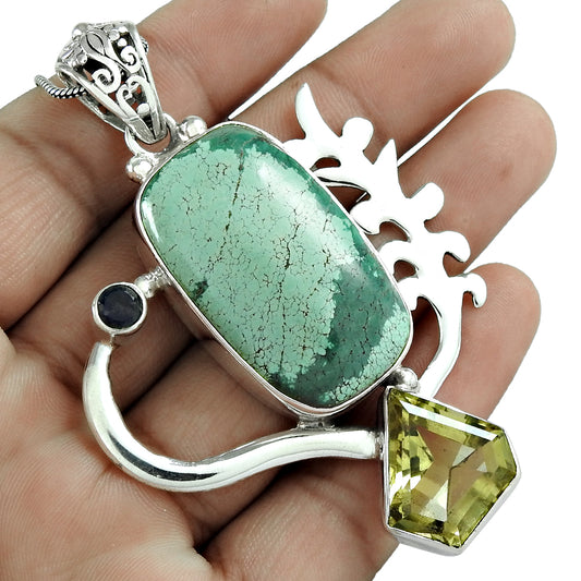 Christmas Gift Natural Turquoise Gemstone Pendant Vintage 925 Silver L1