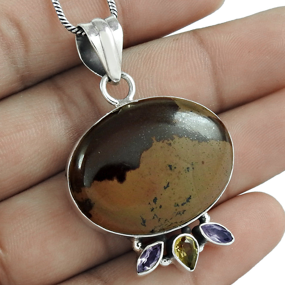 Natural Brush Agate Gemstone 925 Sterling Silver Christmas Gift Pendant F11