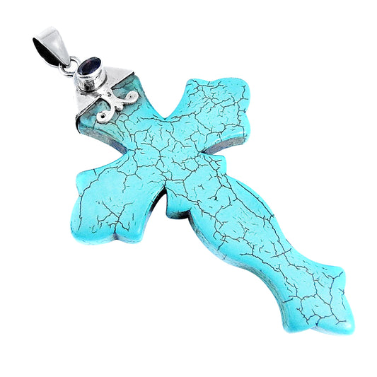 Christmas Gift Natural Turquoise Gemstone Pendant Cross 925 Silver D2