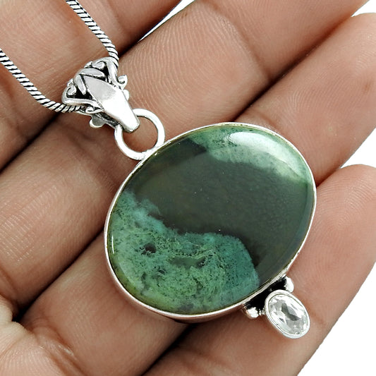 Christmas Gift Natural Moss Agate Gemstone Pendant Boho 925 Sterling Silver L11