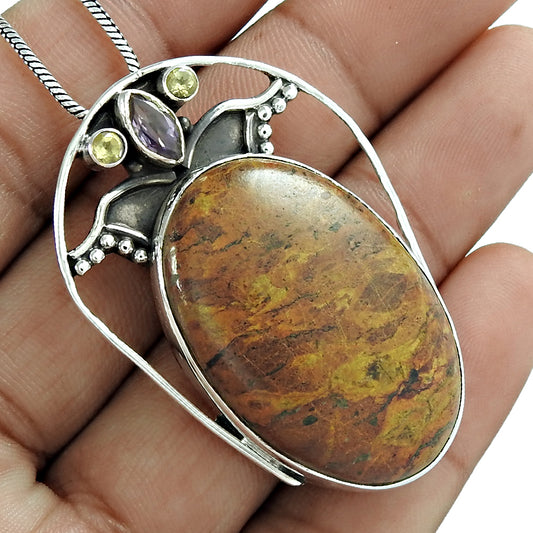 Natural Spider Web Jasper Gemstone Pendant Vintage 925 Sterling Silver F2