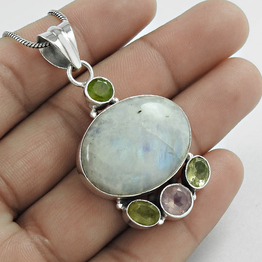 Natural Rainbow Moonstone Gemstone Pendant Ethnic White 925 Sterling Silver H2