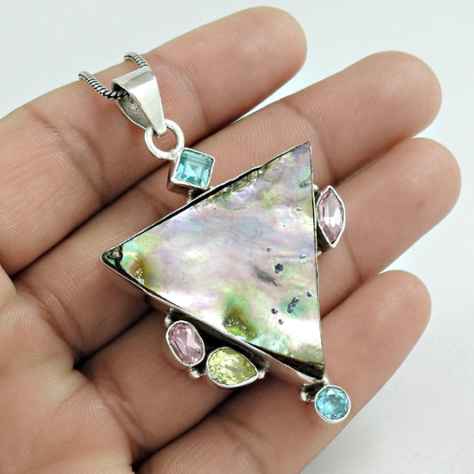 Anniversary Gift For Her Natural Abalone Shell Pendant Tribal 925 Silver A9