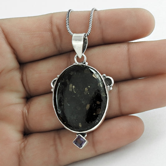 Natural Pita Jade Gemstone Pendant Bohemian Black 925 Sterling Silver Jewelry C9