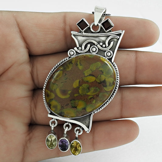 Christmas Gift Pendant 925 Sterling Silver Natural Chinese Writing Gemstone U11