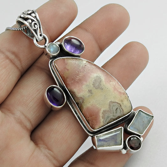 Natural Rhodochrosite Gemstone Pendant Bohemian 925 Sterling Silver For Women G9