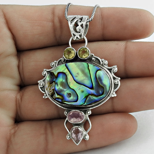 Natural Abalone Shell Gemstone Pendant Vintage 925 Sterling Silver Jewelry H9