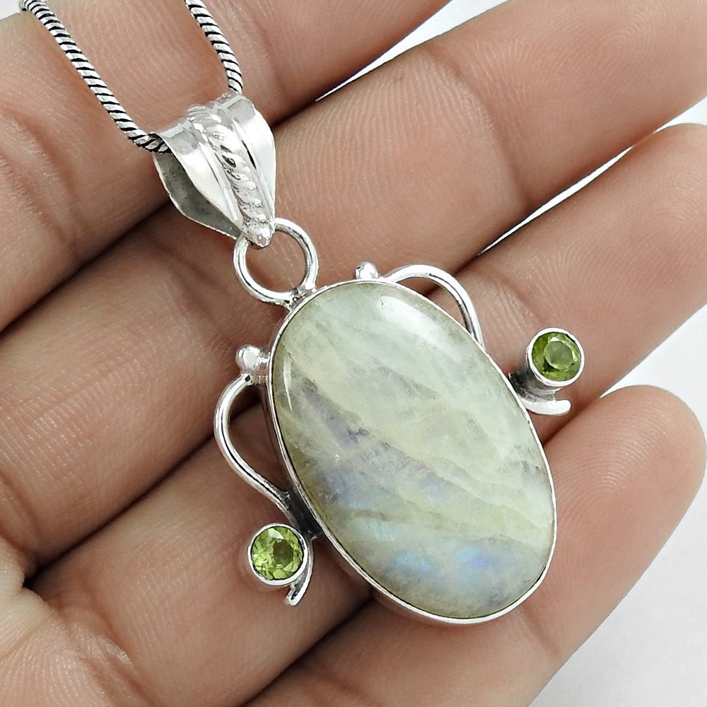 Christmas Gift Natural Rainbow Moonstone Pendant Boho 925 Sterling Silver B12
