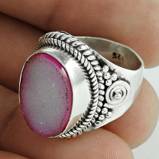 Chunky 925 Sterling Silver Pink Druzy Ring Fabricante