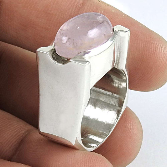 Woman Gift Natural Rose Quartz Statement Ring Size 7.5 925 Silver H3