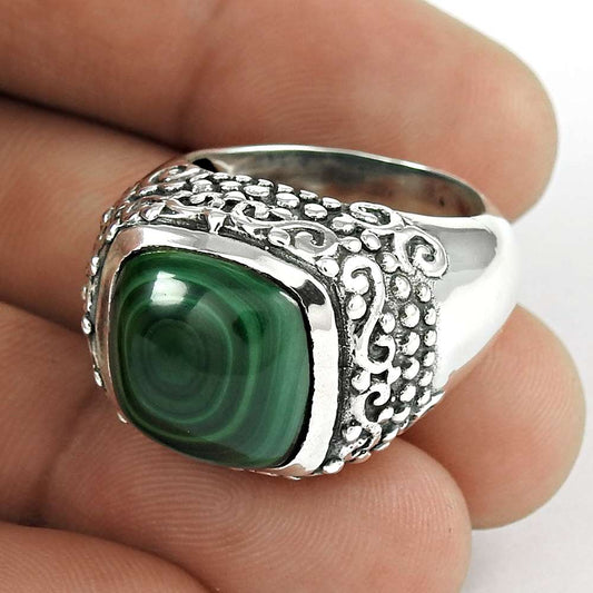 Woman Gift Natural Malachite Statement Ring Size 7.5 925 Sterling Silver K3