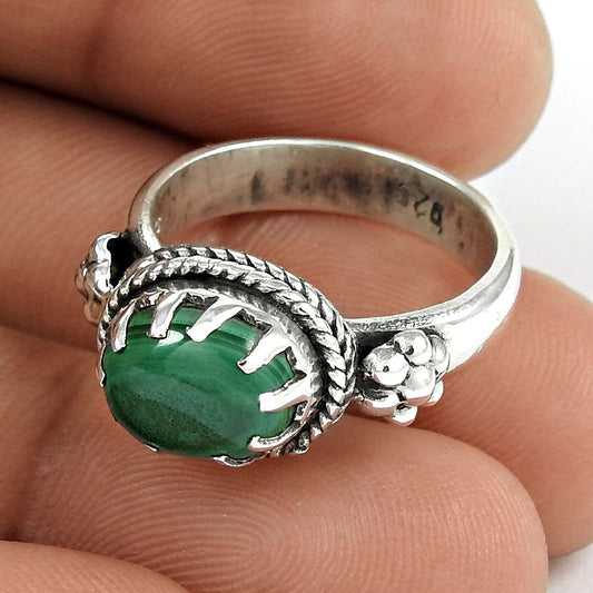 Natural Malachite Gemstone Solitaire Boho Ring Size 7 925 Silver For Girls X16