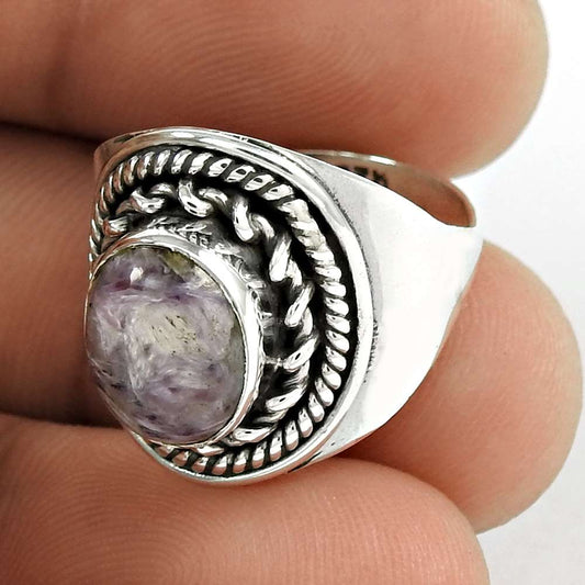 Natural Charoite Gemstone Statement Vintage Purple Ring Size 6.5 925 Silver H12