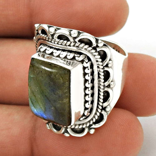 Natural Labradorite Gemstone Statement Tribal Blue Ring Size 8 925 Silver L1