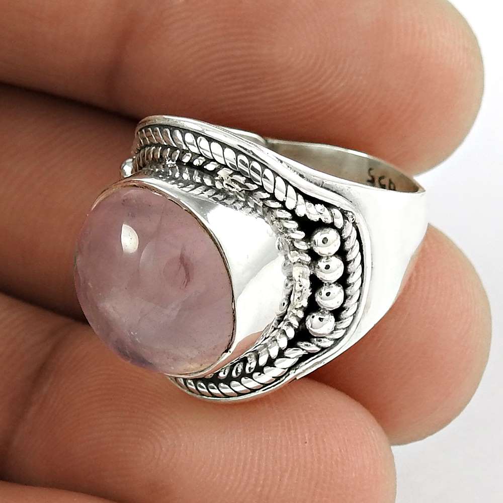 Natural Rose Quartz Gemstone Statement Vintage Pink Ring Size 5.5 925 Silver X23