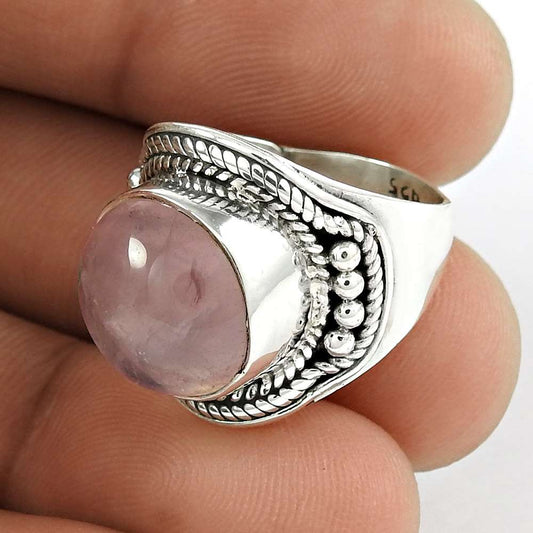 Natural Rose Quartz Gemstone Statement Vintage Pink Ring Size 5.5 925 Silver X23
