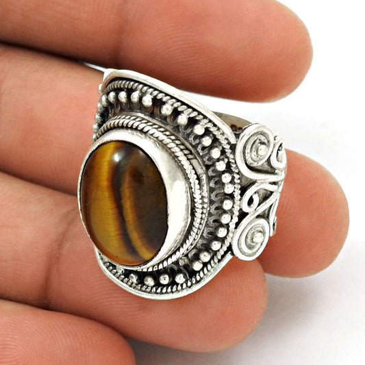 Natural Tiger'S Eye Gemstone 925 Silver Cocktail Ring Size 9 For Women V2