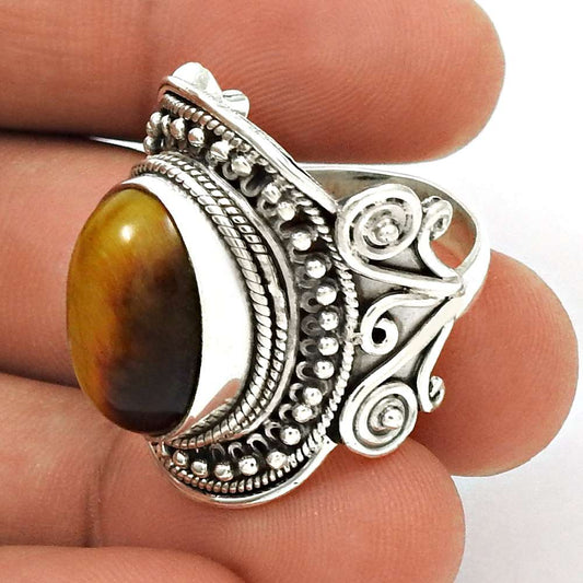Woman Gift Natural Tiger'S Eye Gemstone Ring Size 8.5 925 Sterling Silver A4