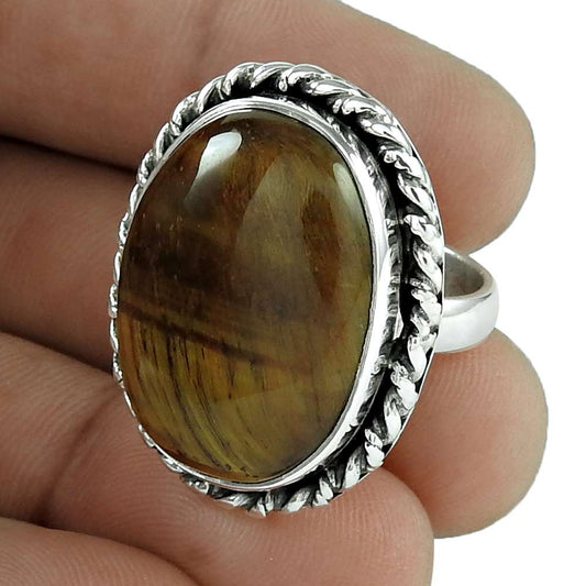 Woman Gift Cocktail Ring Size 6.5 925 Silver Natural Tiger'S Eye Gemstone H3