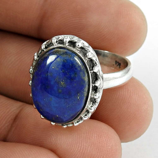 Natural Lapis Lazuli Solitaire Vintage Ring Size 7.5 925 Silver For Women C1