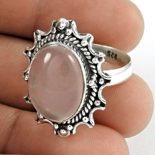 Gift For Her 925 Silver Natural Rose Quartz Cocktail Vintage Ring Size 9 W20