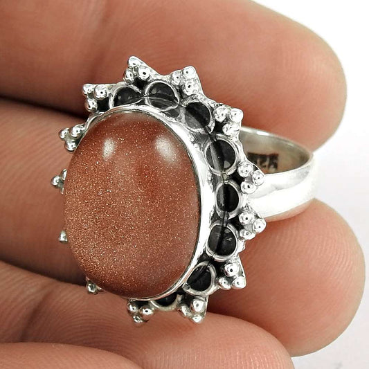 925 Sterling Silver Antique Jewellery High Polish Red Sunstone Gemstone Ring