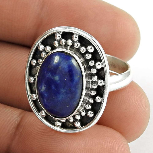 Natural Lapis Lazuli Gemstone Solitaire Ethnic Ring Size 8 925 Silver Y27