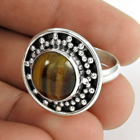 Woman Gift Natural Tiger'S Eye Cocktail Vintage Ring Size 8 925 Silver H20
