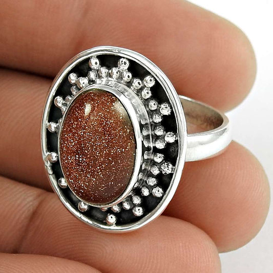 Gift For Her 925 Silver Natural Sunstone Statement Tribal Ring Size 8 L26