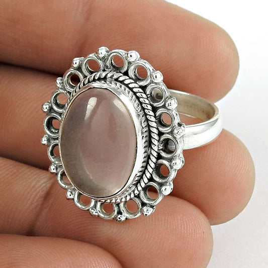 Woman Gift 925 Silver Natural Rose Quartz Solitaire Bohemian Ring Size 9 J20