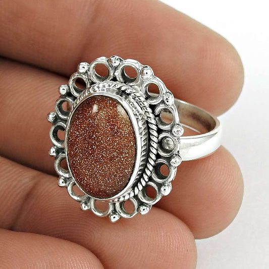 Gift For Women Cocktail Bohemian Ring Size 9.5 925 Silver Natural Sunstone Z21