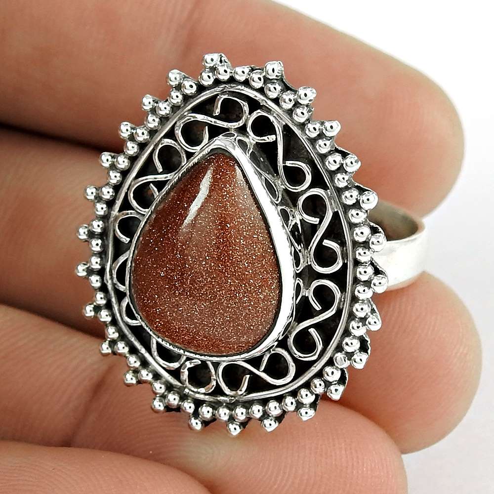 Woman Gift Statement Ring Size 9 925 Silver Natural Sunstone Gemstone F5