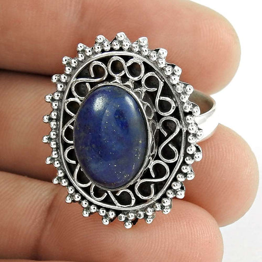 Woman Gift Natural Lapis Lazuli Gemstone 925 Silver Ring Size 7.5 G5