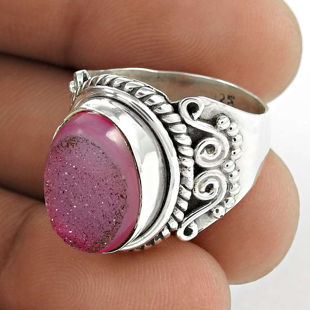 Woman Gift Solitaire Ethnic Ring Size 7 925 Silver Natural Druzy Gemstone Q4