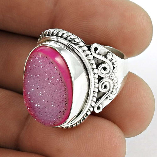 Woman Gift Natural Druzy Solitaire Ring Size 7 925 Sterling Silver J5