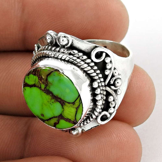 925 Silver Woman Gift Green Copper Turquoise Cocktail Ethnic Ring Size 8 T20