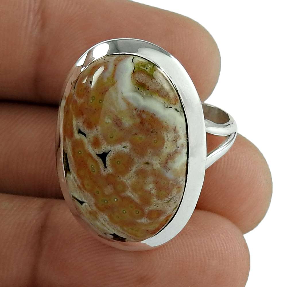 Gift For Her 925 Silver Natural Jasper Gemstone Solitaire Ethnic Ring Size 8 M26