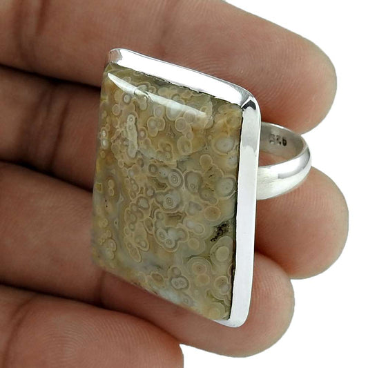 Natural Fossil Coral 925 Silver Solitaire Bohemian Ring Size 6.5 For Women C1
