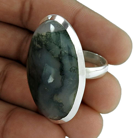 Woman Gift Natural Moss Agate Cocktail Boho Ring Size 6 925 Silver B1