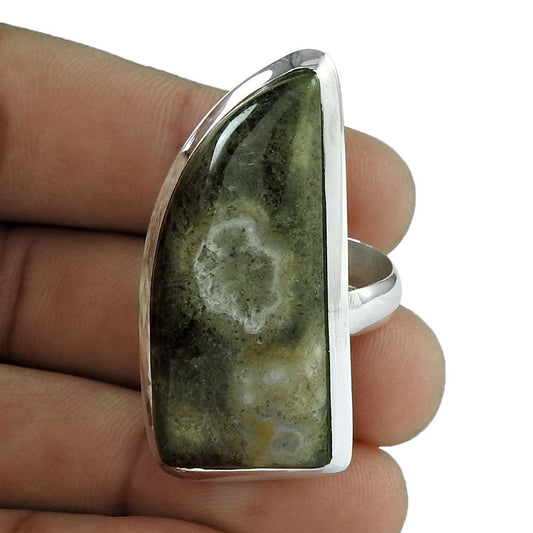 Woman Gift Boho Ring Size 7.5 925 Sterling Silver Natural Ocean Jasper E1