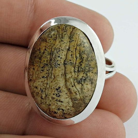Natural Picture Jasper Gemstone Statement Boho Brown Ring Size 8 925 Silver D1