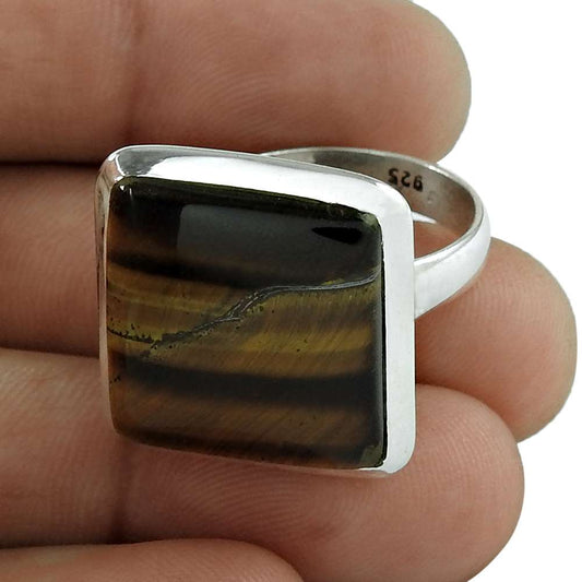Natural Tiger'S Eye 925 Silver Solitaire Boho Ring Size 8.5 For Girls E1