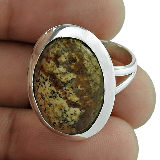 Natural Picture Jasper Statement Vintage Brown Ring Size 6 925 Silver B22