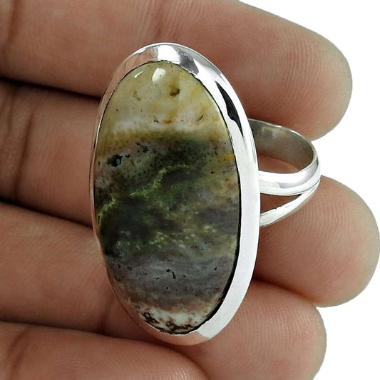 Natural Picture Jasper Solitaire Bohemian Ring Size 7.5 925 Silver R2