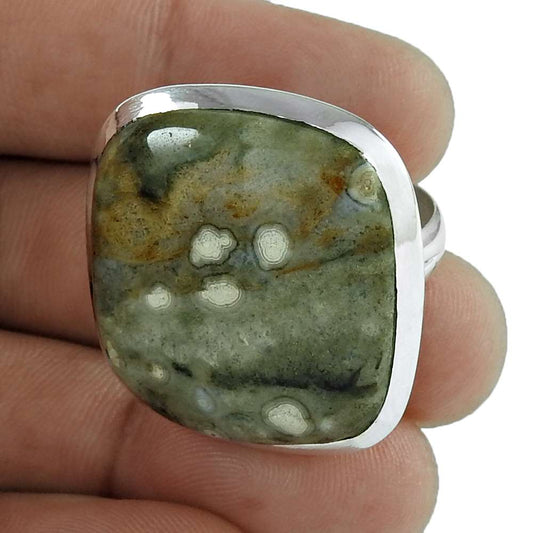 Natural Jasper Gemstone 925 Silver Solitaire Boho Ring Size 9 For Women U3
