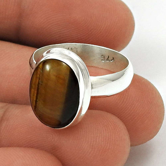 Natural Tiger'S Eye Cocktail Woman Gift Ring Size 8 925 Silver For Women I16