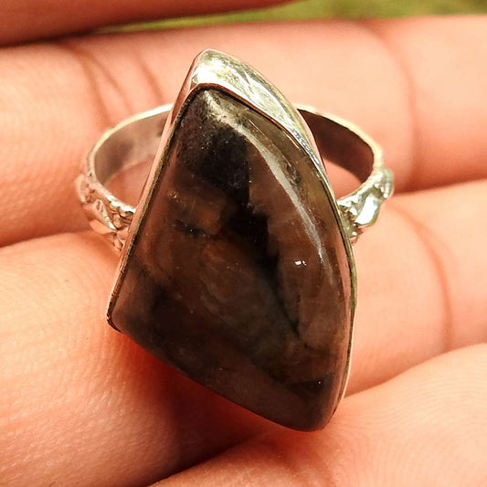 Natural Mushroom Rhyolite Statement Vintage Brown Ring Size 7 925 Silver Z17